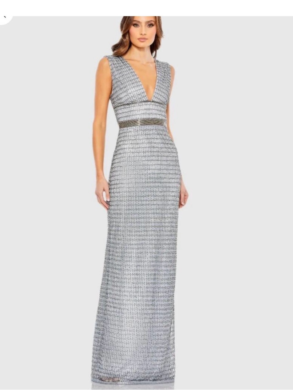 Mac Duggal Silver Beaded V-Neck Column Gown